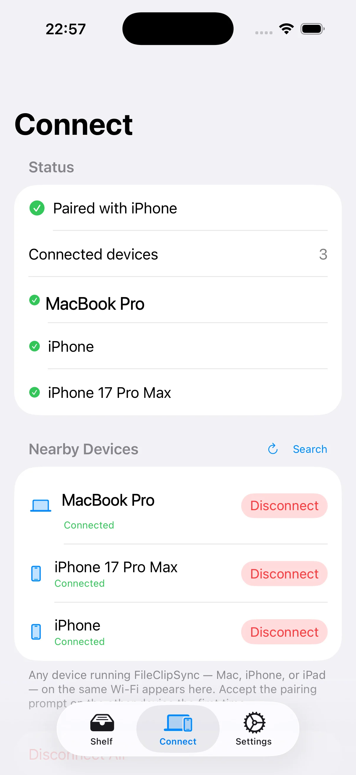 FileClipSync on iPhone connected to nearby devices
