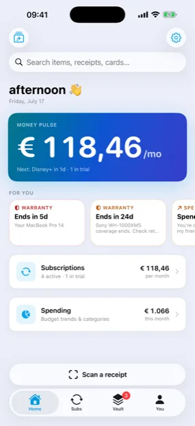 Renewly on an iPhone showing monthly spend and upcoming renewals