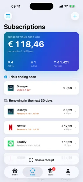 The Renewly subscriptions list on an iPhone